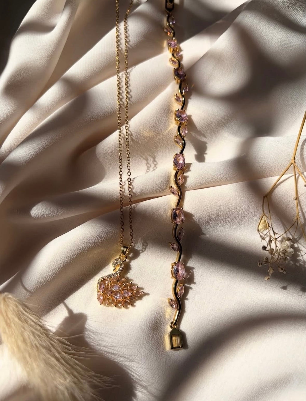 Pink & gold swan necklace